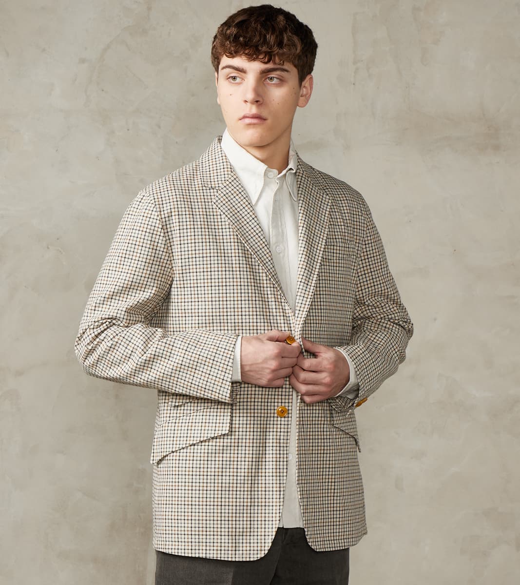 Single Breasted 2-Button Jacket - Smoky Plaid Cotton Twill Cloth - Tattersall